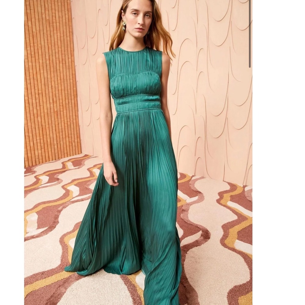 Ulla Johnson Delia Gown Jadeite Green Pleated Satin Maxi Dress Sleeveless Gown - Picture 1 of 10